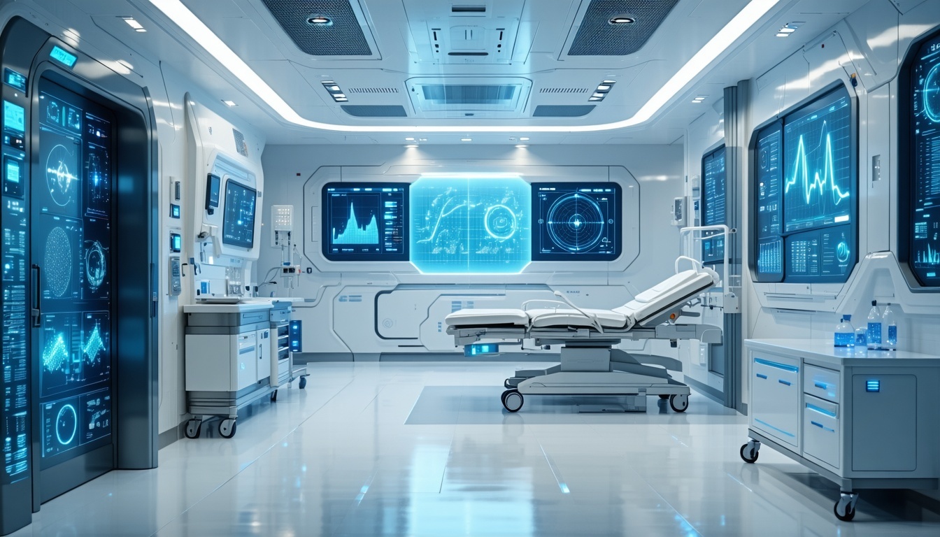 A futuristic healthcare facility utilizing AI-driv